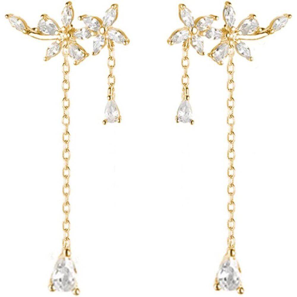 925 Sterling Silver CZ Flowers Wrap Dangle Chain Earrings - Elegant Bridal Weddi